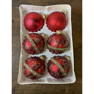 Lot 6 Christmas By Krebs Glass Bulb Ornaments Red Matte Glitter - Read